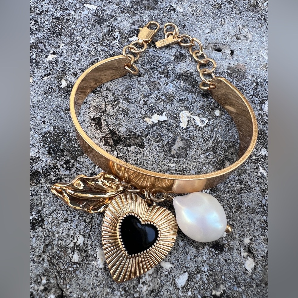 Zara Gold Black Charm Chain Bracelet Heart Pearl Mob Wife Old Money